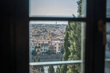 Aerial view of Verona, Italy through the window