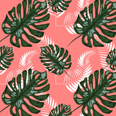 Tropical leaf design featuring navy Palm and blue Monstera plant leaves on a pink background. Seamless pattern.