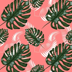 Foto op Plexiglas Tropisch bladontwerp met marineblauwe palm en blauwe Monstera-plantbladeren op een roze achtergrond. Naadloze patroon. © MichiruKayo