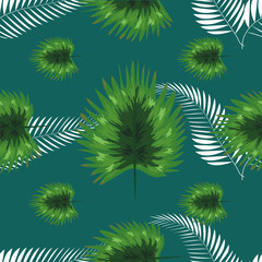 turquoise and green tropical leaves. Seamless graphic design with amazing palms.