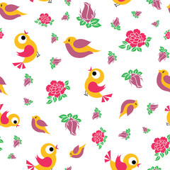 Vector cute birds and beautiful roses seamless