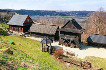 DOBCZYCE, POLAND - MARCH 20, 2019: Open air museum of the rural architecture on the castle hill