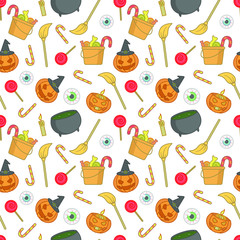 Vector seamless pattern with Halloween elements. Halloween design for greeting card, gift box, wallpaper, fabric, web design.