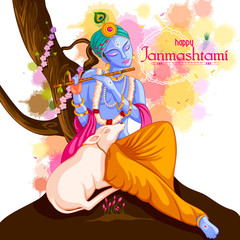 Obraz na płótnie Canvas vector illustration of God Krishna playing flute on Happy Janmashtami festival background of India