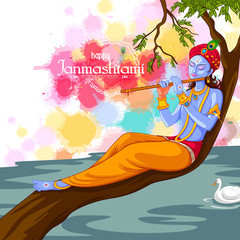 vector illustration of God Krishna playing flute on Happy Janmashtami festival background of India