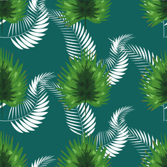 turquoise and green tropical leaves. Seamless graphic design with amazing palms.