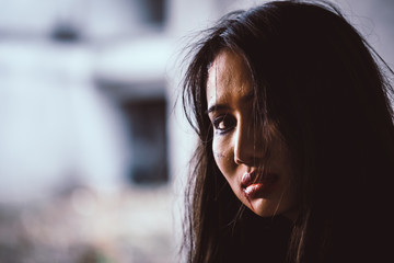 Depression and fear, Close up woman is face was bloody scary and stressful.