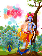 vector illustration of God Krishna playing flute on Happy Janmashtami festival background of India