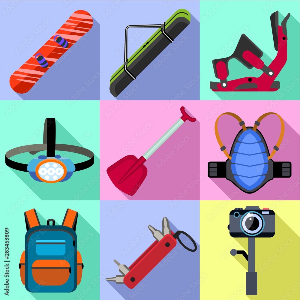 Poster extreme snowboarding icon set. flat set of 9 extreme snowboarding vector icons for web design isolat