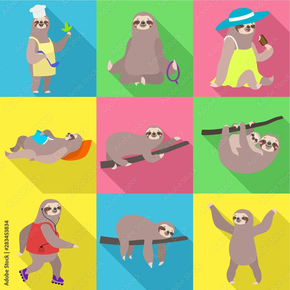 Poster funny sloth icon set. flat set of 9 funny sloth vector icons for web design isolated on white backgr