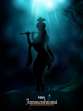 vector illustration of God Krishna playing flute on Happy Janmashtami  festival background of India Stock Vector | Adobe Stock
