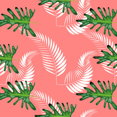 Fototapeta na wymiar Tropical leaves, palms, monstera leaf, floral seamless pattern background