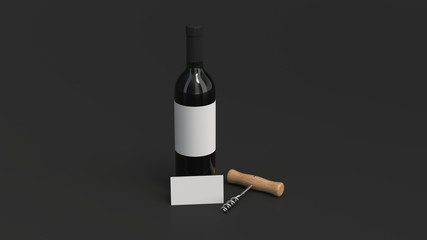 Bottle of red wine with business card and corkscrew