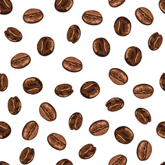 Modèle sans couture avec des grains de café sur fond blanc. Illustration vectorielle dans un style plat simple de dessin animé.