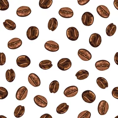 Door stickers Coffee Seamless pattern with coffee beans on a white background. Vector illustration in cartoon flat simple style.