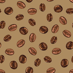 Vector coffee beans seamless pattern on a brown background. Food Illustration in cartoon simple flat style.