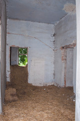 Room with the straw in the abanoned mansion palace
