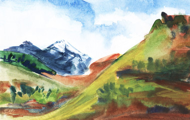 Mountain landscape. Green mountains covered with grass, distant cliffs covered with snow. Hand drawn watercolor illustration.