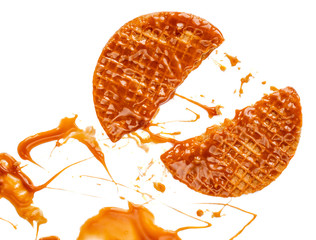  Creative layout of Broken Dutch Caramel waffle with crumbs and caramel sauce, round stroopwafel...