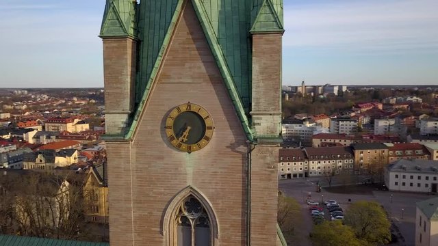 Aerial view of old historical cathedral in Linkoping city in Sweden.