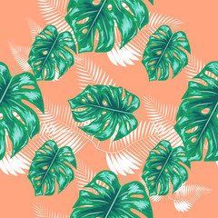 Fototapeta na wymiar Green pattern with monstera palm leaves. Seamless summer tropical fabric design.