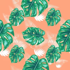 Tuinposter Green pattern with monstera palm leaves. Seamless summer tropical fabric design. © MichiruKayo