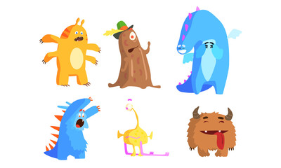 Fototapeta na wymiar Cute Funny Monsters Set, Funny Adorable Colorful Monsters Characters with Funny Faces Vector Illustration