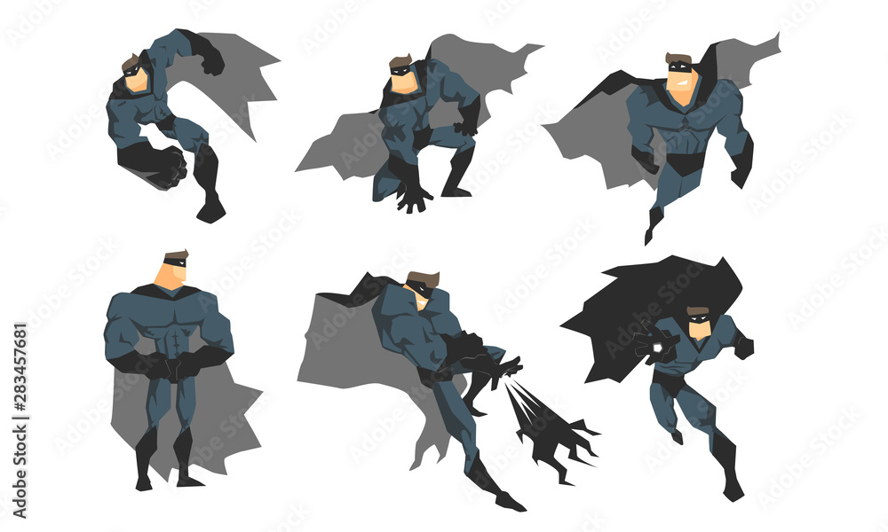 Poster male superhero in different action poses set, courageous superhero character in gray costume, waving