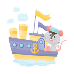 Cute little mouse floats on the steamer. Vector illustration on white background.