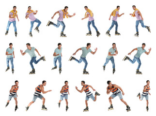 Fototapeta na wymiar Collage of handsome young man with inline roller skates on white background
