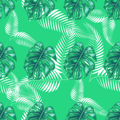 Nature seamless pattern. Hand drawn abstract tropical summer background: palm, monstera leaves in silhouette, line art, grunge, scribble textures.