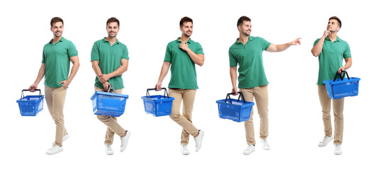 Set of young man with shopping basket on white background