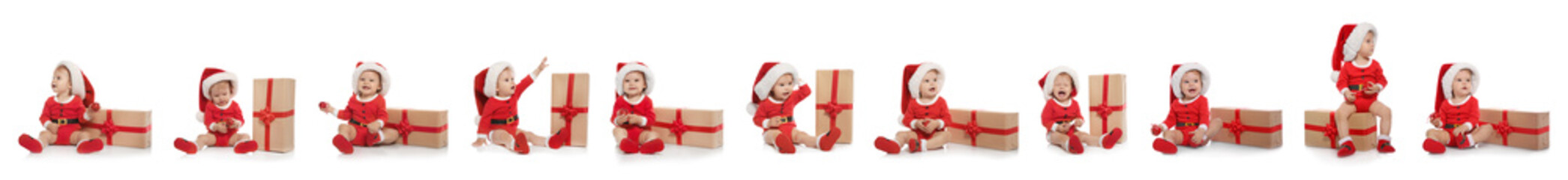 Set of cute little baby in Christmas costume and gift on white background. Banner design