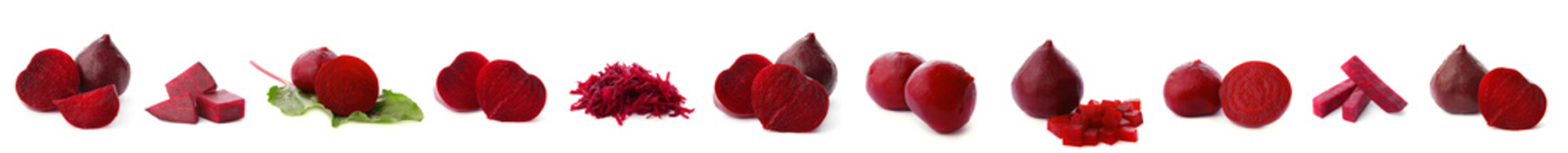 Whole and cut boiled red beets on white background