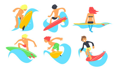 Surfers Characters Riding Waves Set, Young Man and Woman with Surfboards, Summer Extreme Water Sport Vector Illustration