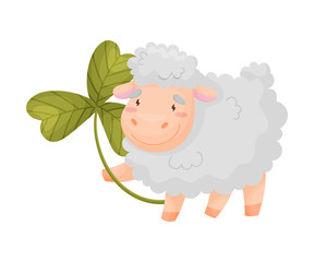 Cartoon sheep with clover. Vector illustration on white background.