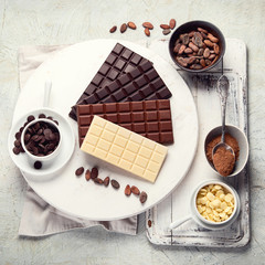 Dark bitter, milk and white chocolate,