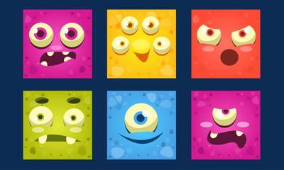 Funny Monsters Set, Colorful Square Mutant Emojis, Cute Emoticons with Different Emotions Vector Illustration
