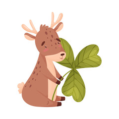 Obraz premium Cartoon deer with clover. Vector illustration on white background.