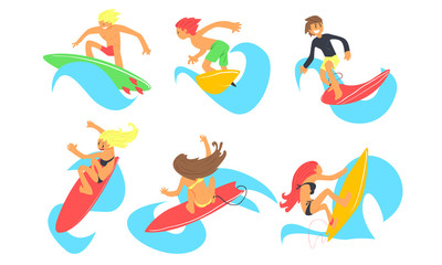 Male and Female Surfers Characters Riding Waves Set, Young People with Surfboards, Summer Extreme Water Sport Vector Illustration