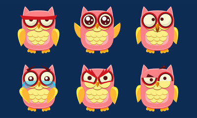 Funny Owls Characters Set, Cute Pink Birds with Various Emotions Vector Illustration