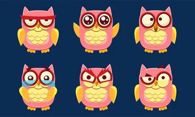 Fotobehang Funny Owls Characters Set, Cute Pink Birds with Various Emotions Vector Illustration © topvectors