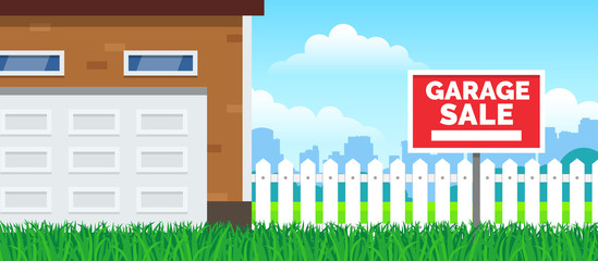 garage sale sign on green grass lawn white fence on blue sky background