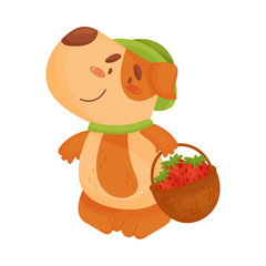 Cartoon dog holding a basket with strawberries. Vector illustration on white background.