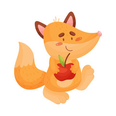 Cartoon fox with apple. Vector illustration on white background.