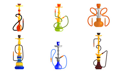 Hookah od Different Colors Set, Lounge Bar or Smoke Shop Design Element Vector Illustration