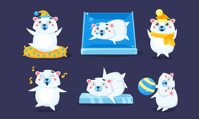 Cute White Guinea Pig Character Set, Funny Humanized Cavy Anima in Different Situations Vector Illustration