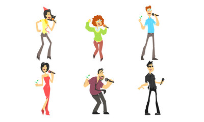 Funny People Emotionally Singing with Microphone, Man and Woman Singing Karaoke at Party Vector Illustration