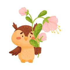 Cute owl with flowers. Vector illustration on white background.