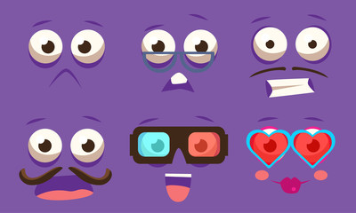 Emojis with Different Emotive Feelings Set, Emoticons with Funny Faces and Different Emotions Vector Illustration